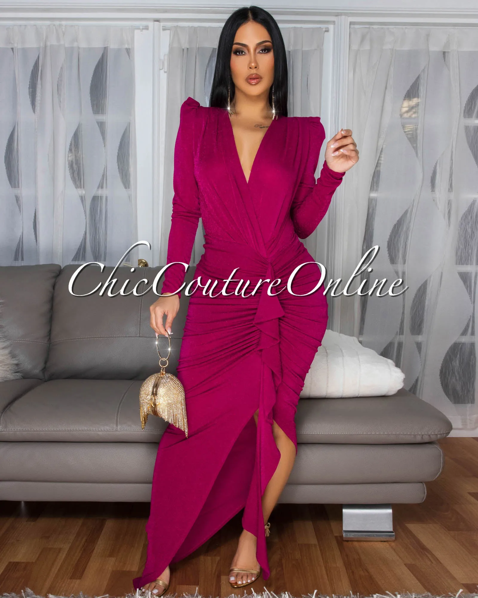 Lona Magenta Shimmer Ruffle Accent Maxi Dress sold by Chic Couture product image thumbnail 4