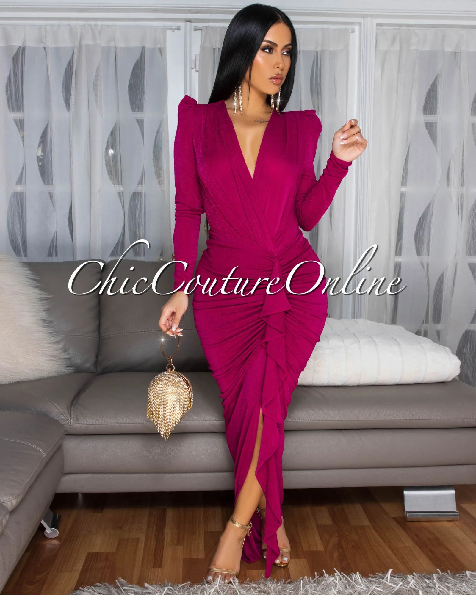 Lona Magenta Shimmer Ruffle Accent Maxi Dress sold by Chic Couture product image thumbnail 3
