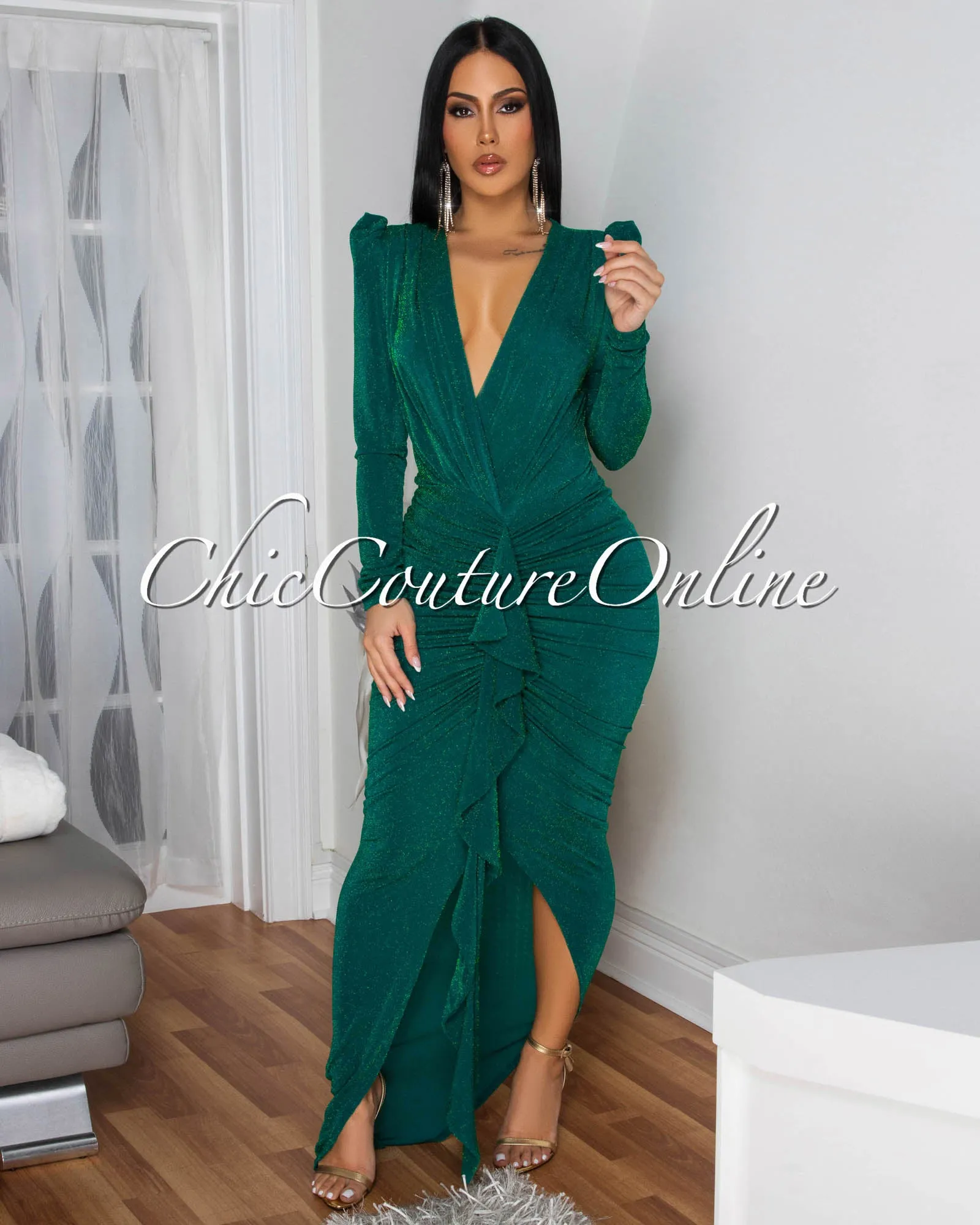 Lona Green Shimmer Ruffle Accent Maxi Dress sold by Chic Couture product image thumbnail 2
