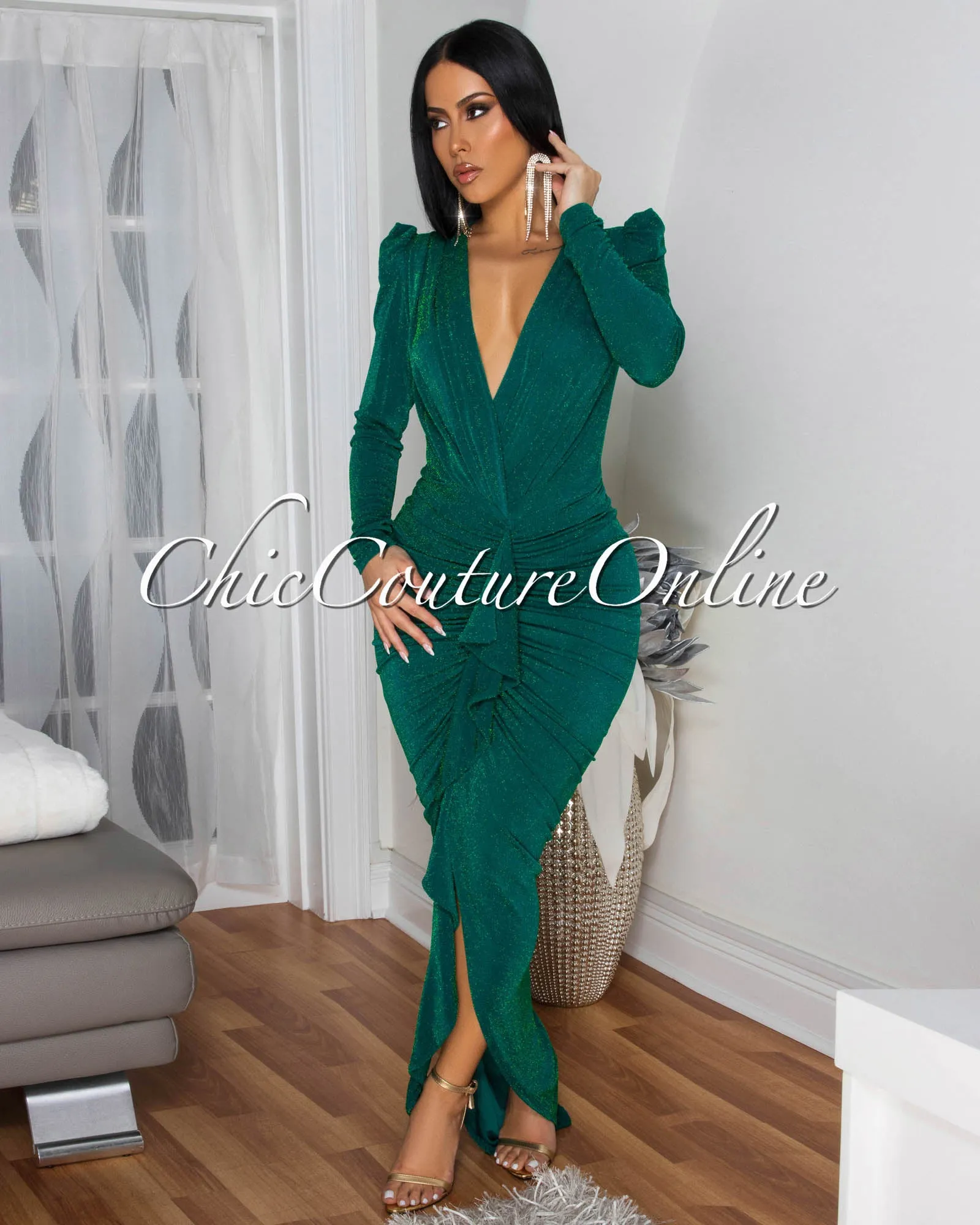 Lona Green Shimmer Ruffle Accent Maxi Dress sold by Chic Couture