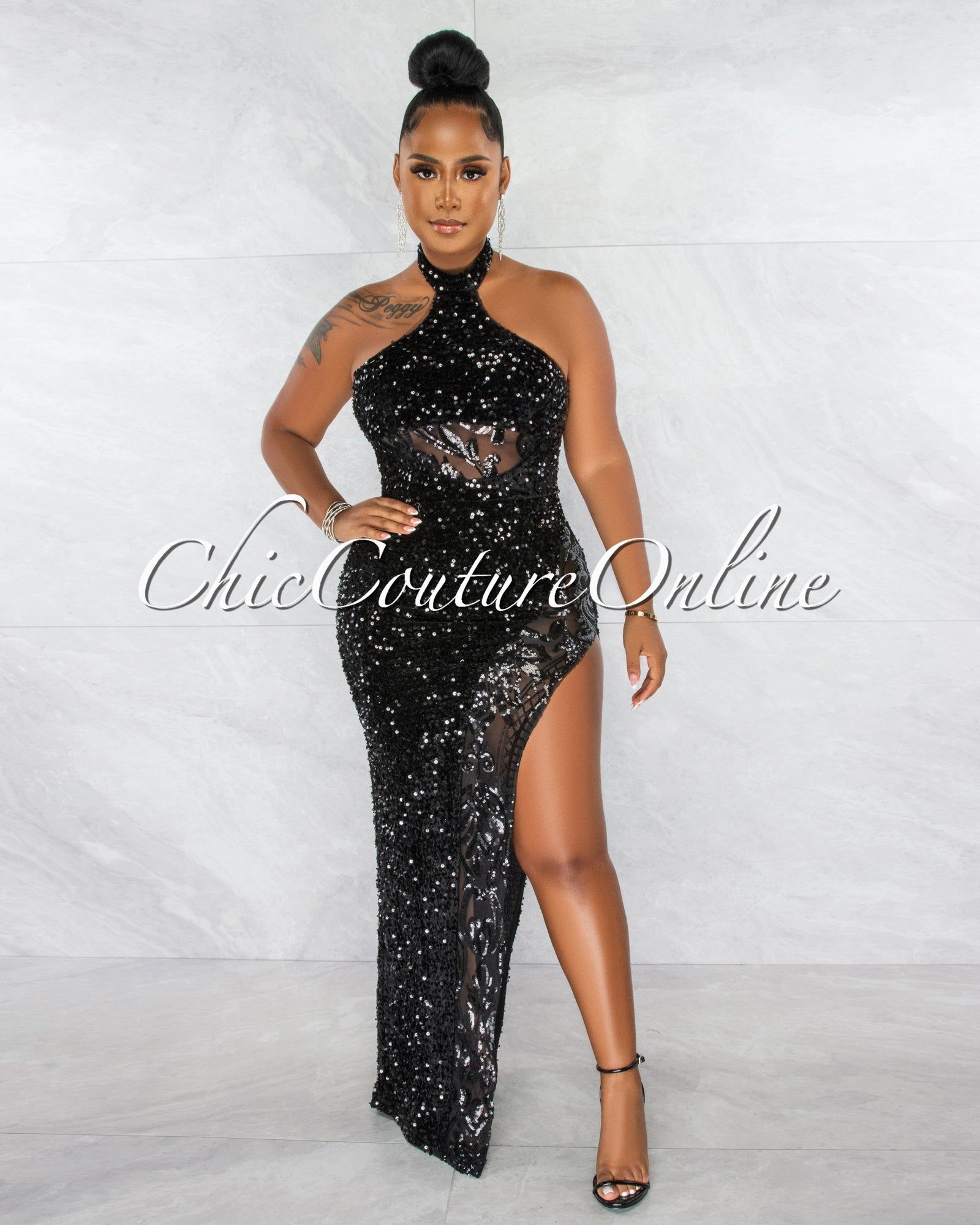 Jorah Black Sequins Mesh Details Halter Maxi Dress sold by Chic Couture