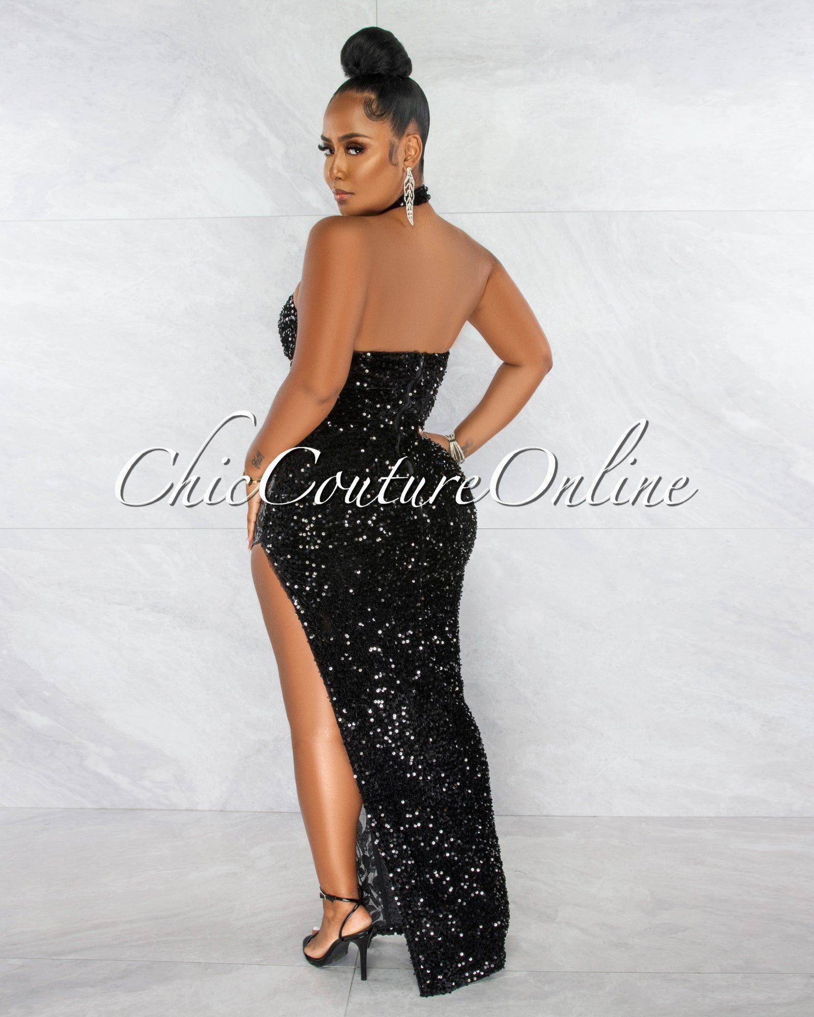 Jorah Black Sequins Mesh Details Halter Maxi Dress sold by Chic Couture product image thumbnail 3