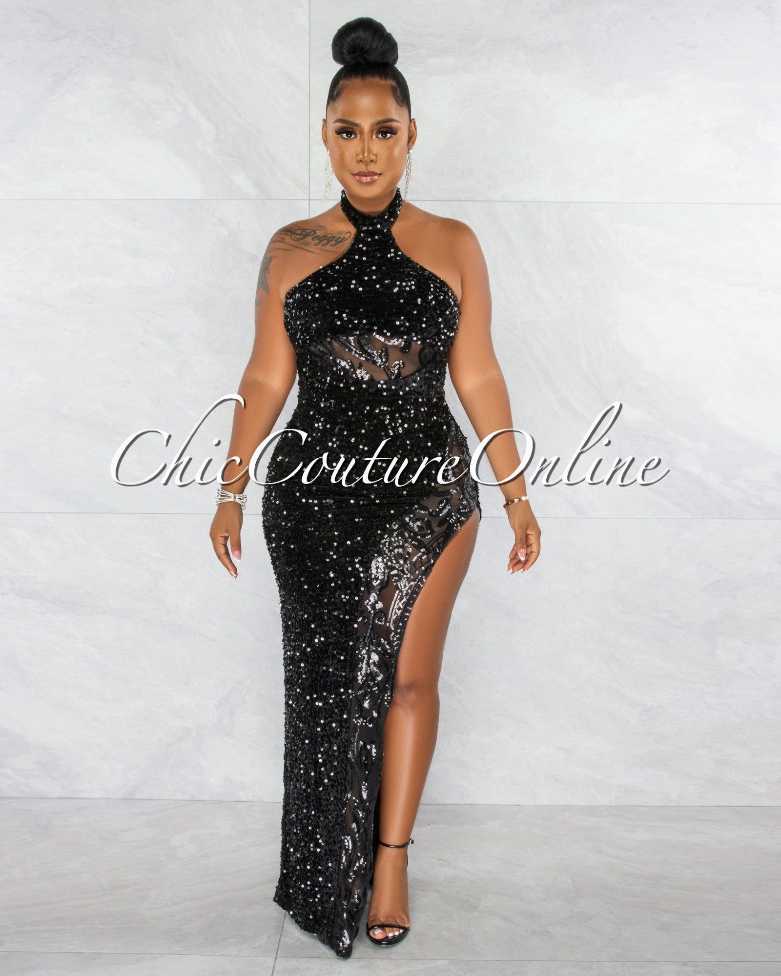 Jorah Black Sequins Mesh Details Halter Maxi Dress sold by Chic Couture product image thumbnail 2