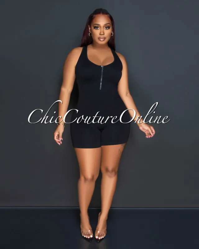 *Saira Black Ribbed Racer Back Body-Con Romper sold by Chic Couture