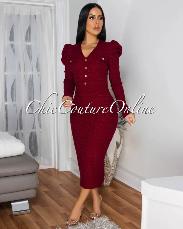 Novia Burgundy Gold Shimmer Knit Midi Dress sold by Chic Couture