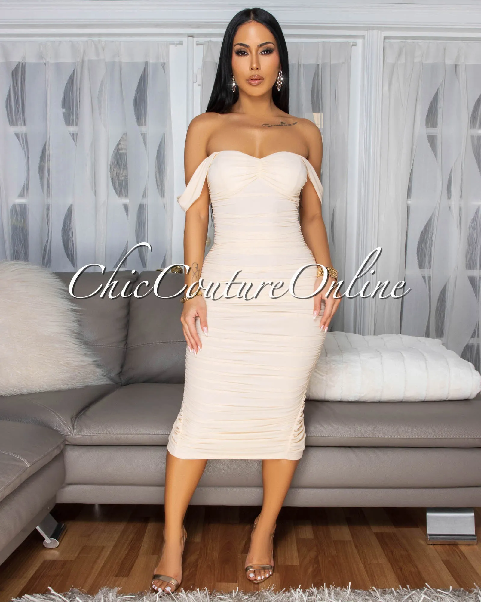 Isoline Cream Padded Ruched Midi Dress sold by Chic Couture