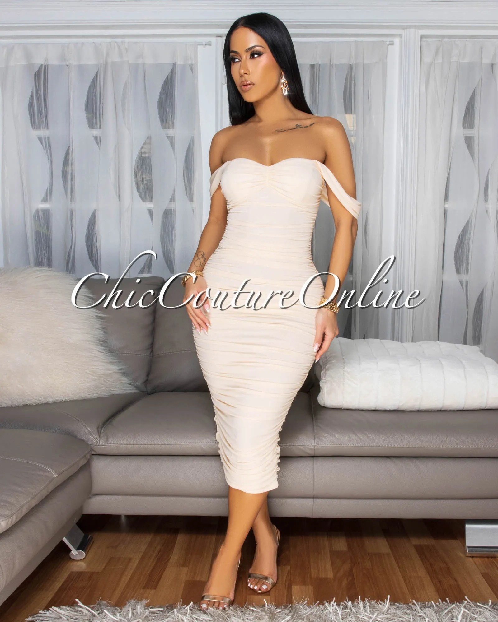 Isoline Cream Padded Ruched Midi Dress sold by Chic Couture product image thumbnail 2