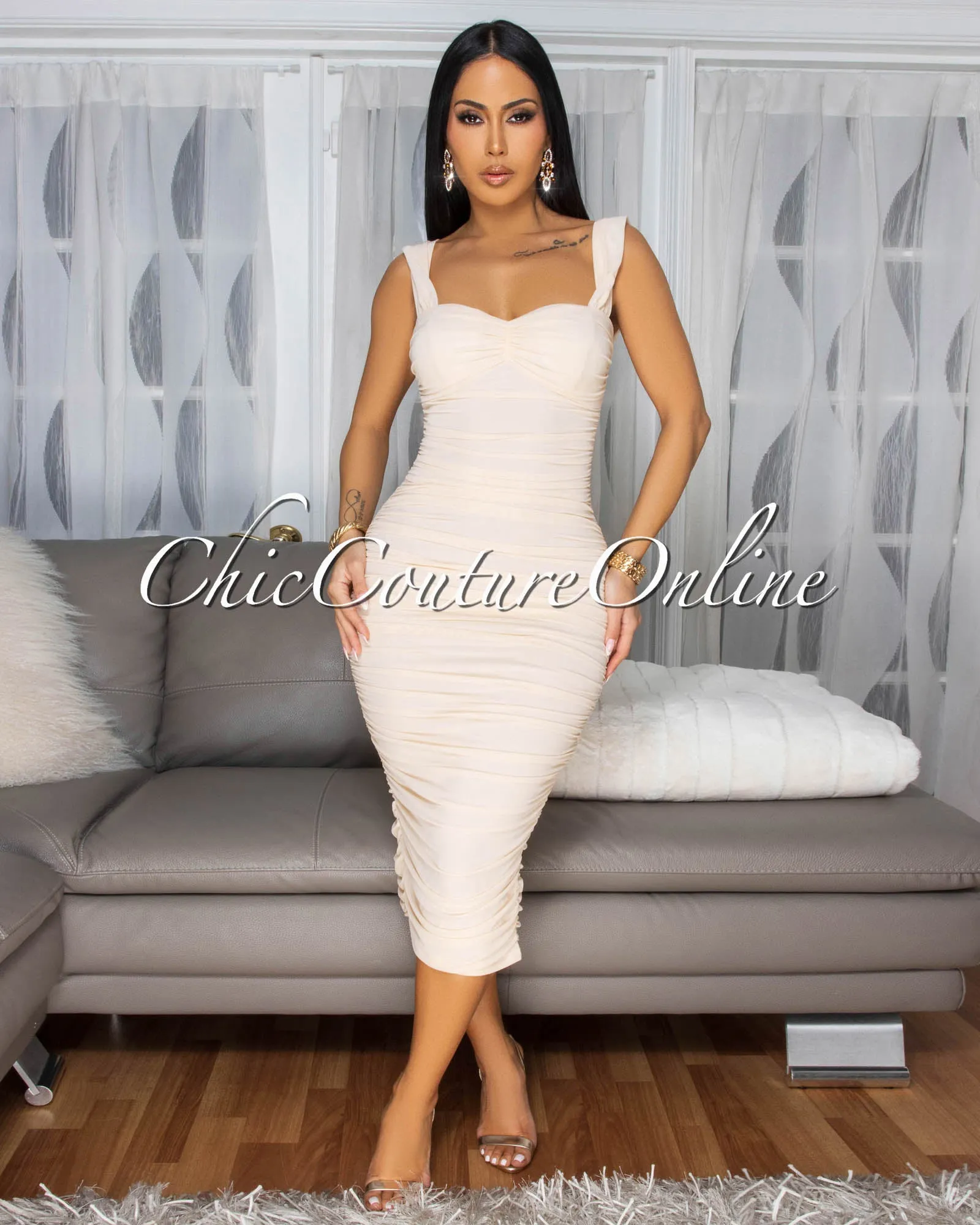 Isoline Cream Padded Ruched Midi Dress sold by Chic Couture product image thumbnail 3