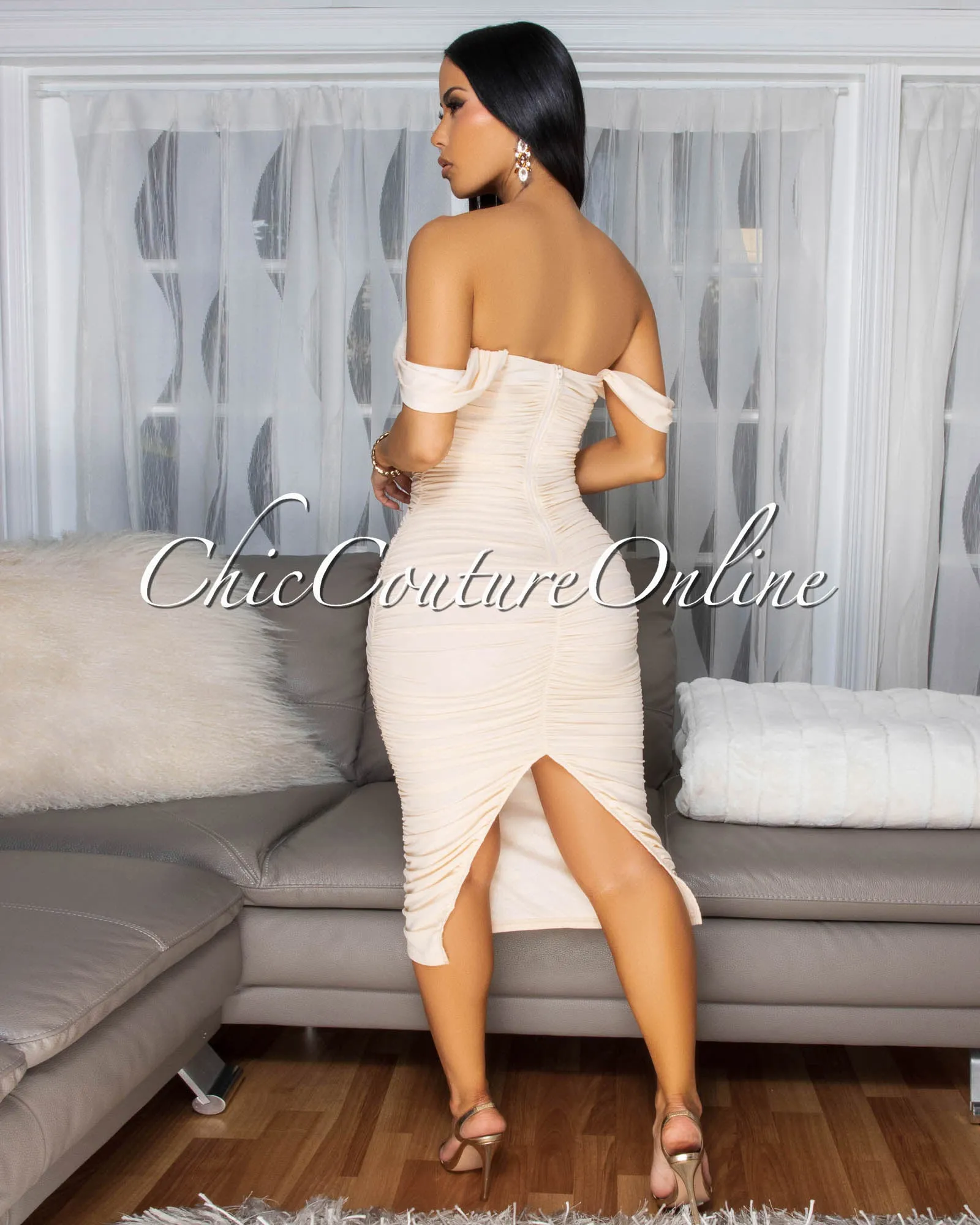 Isoline Cream Padded Ruched Midi Dress sold by Chic Couture product image thumbnail 4