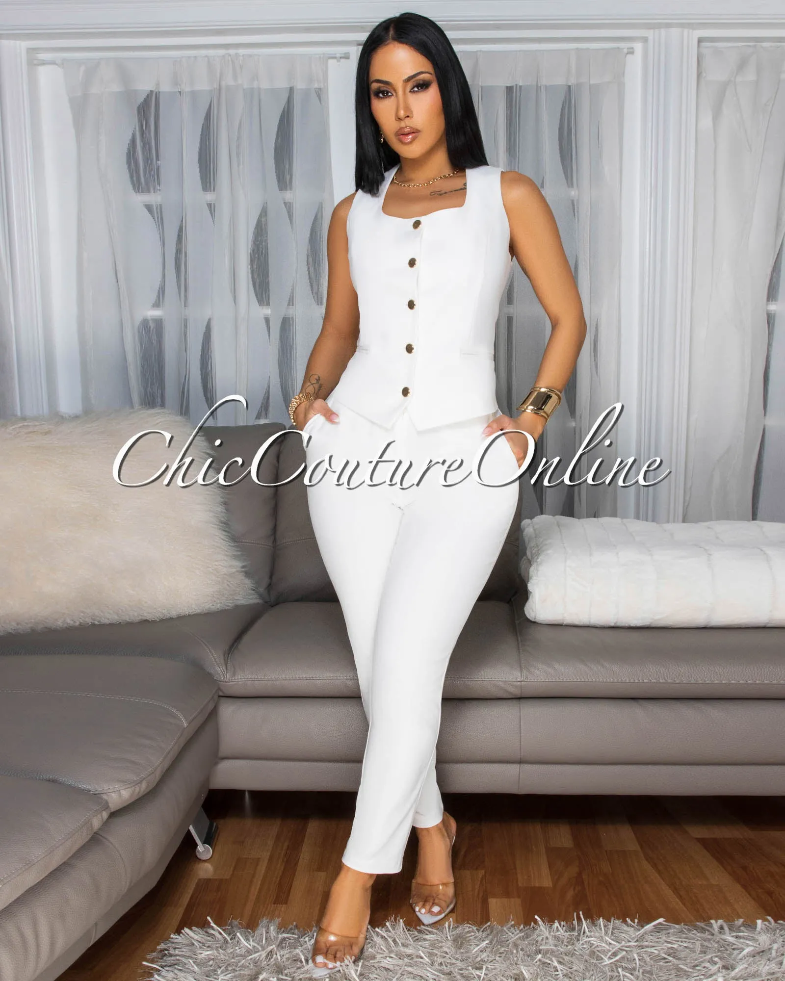 Salome Off-White Skinny Pants sold by Chic Couture product image thumbnail 4