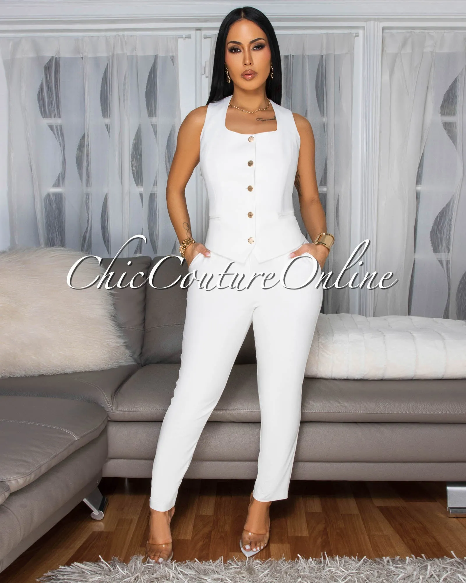 Pandora Off-White Gold Button Vest sold by Chic Couture product image thumbnail 2