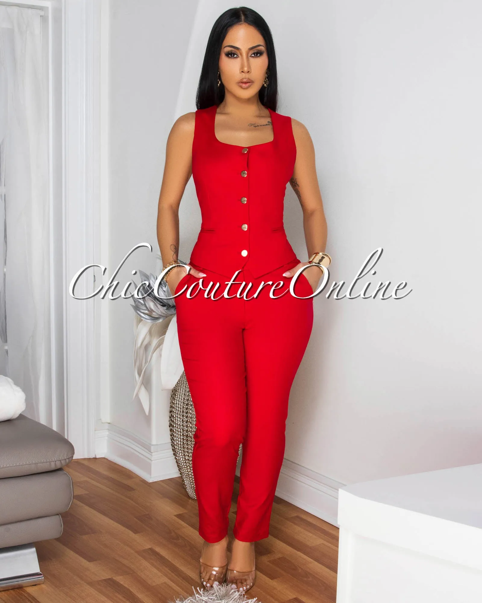 Pandora Red Gold Button Vest sold by Chic Couture product image thumbnail 2