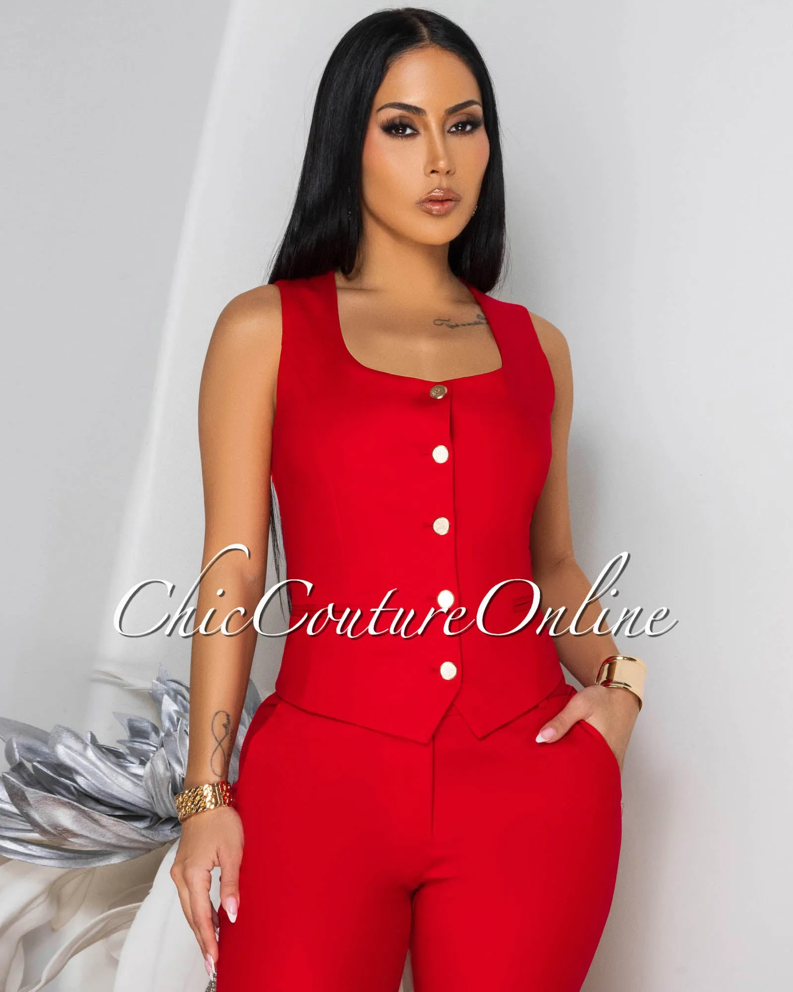 Pandora Red Gold Button Vest sold by Chic Couture