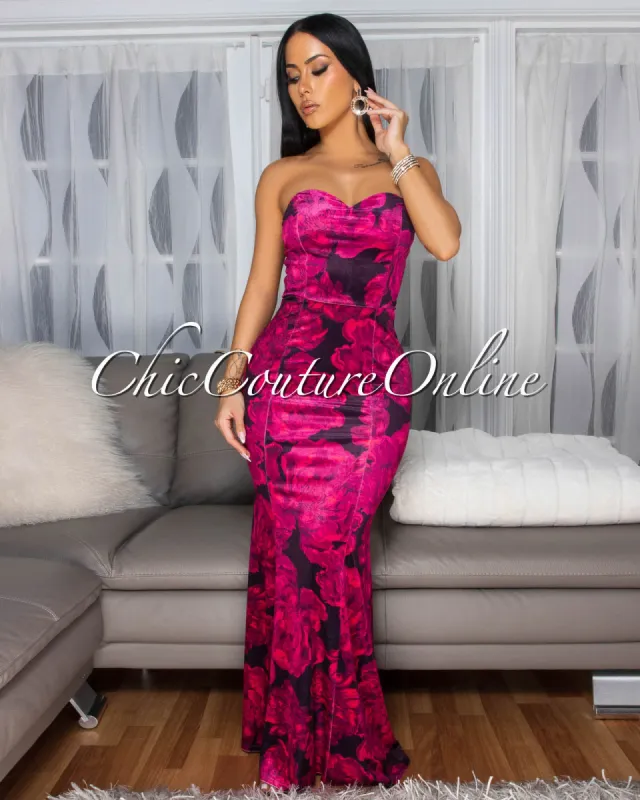 Darling Fuchsia Floral Print Strapless Maxi Dress sold by Chic Couture