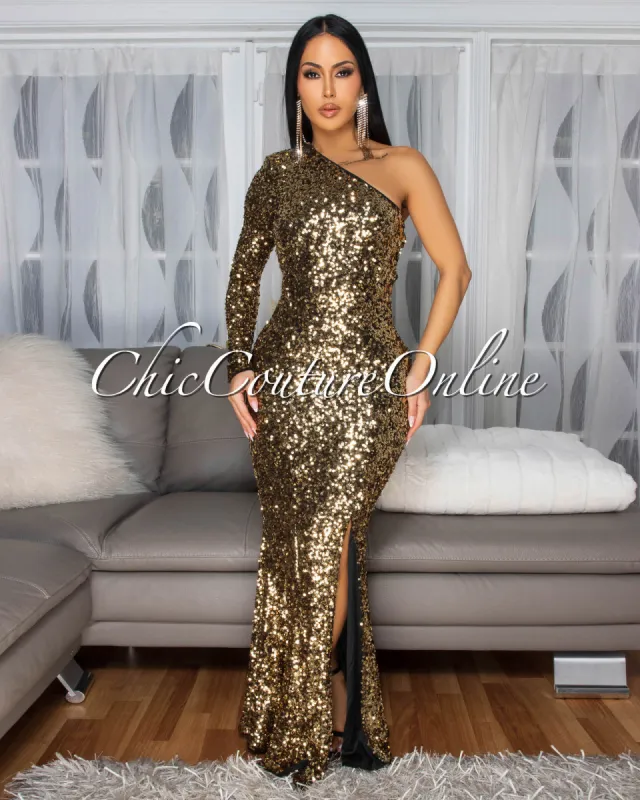 Prima Gold Black Sequins Side Slit Single Shoulder Gown sold by Chic Couture