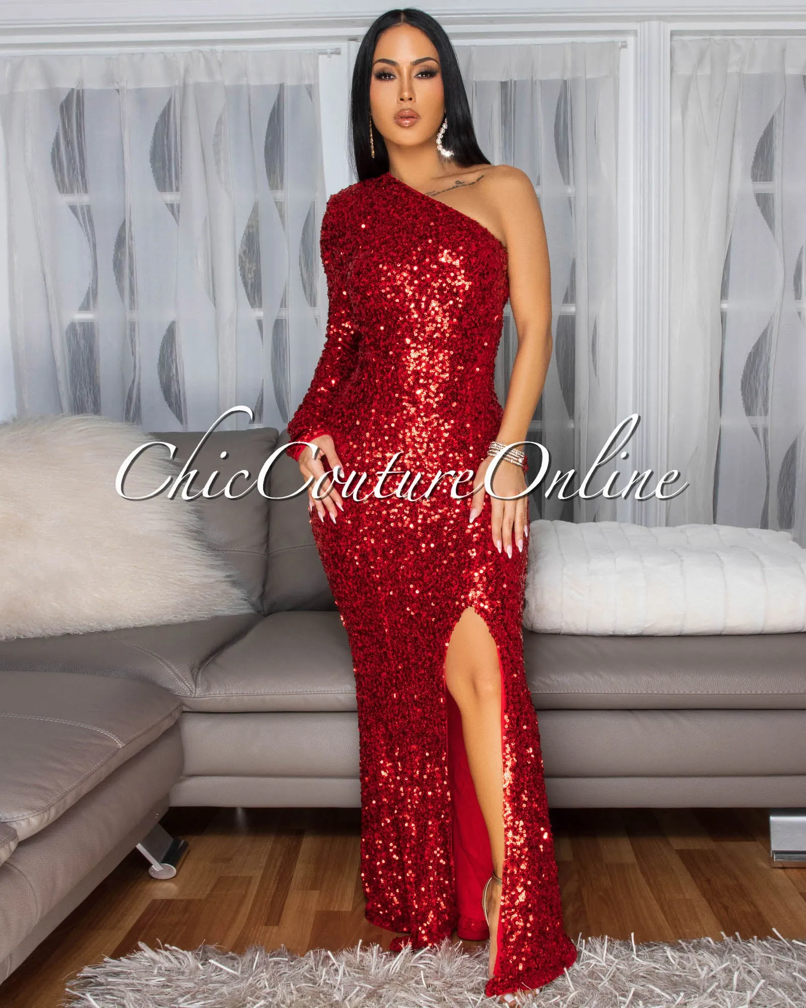 Prima Red Sequins Side Slit Single Shoulder Gown sold by Chic Couture product image thumbnail 3