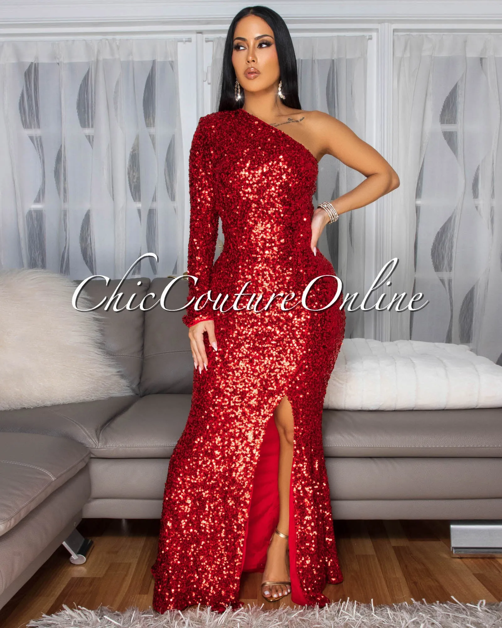 Prima Red Sequins Side Slit Single Shoulder Gown sold by Chic Couture