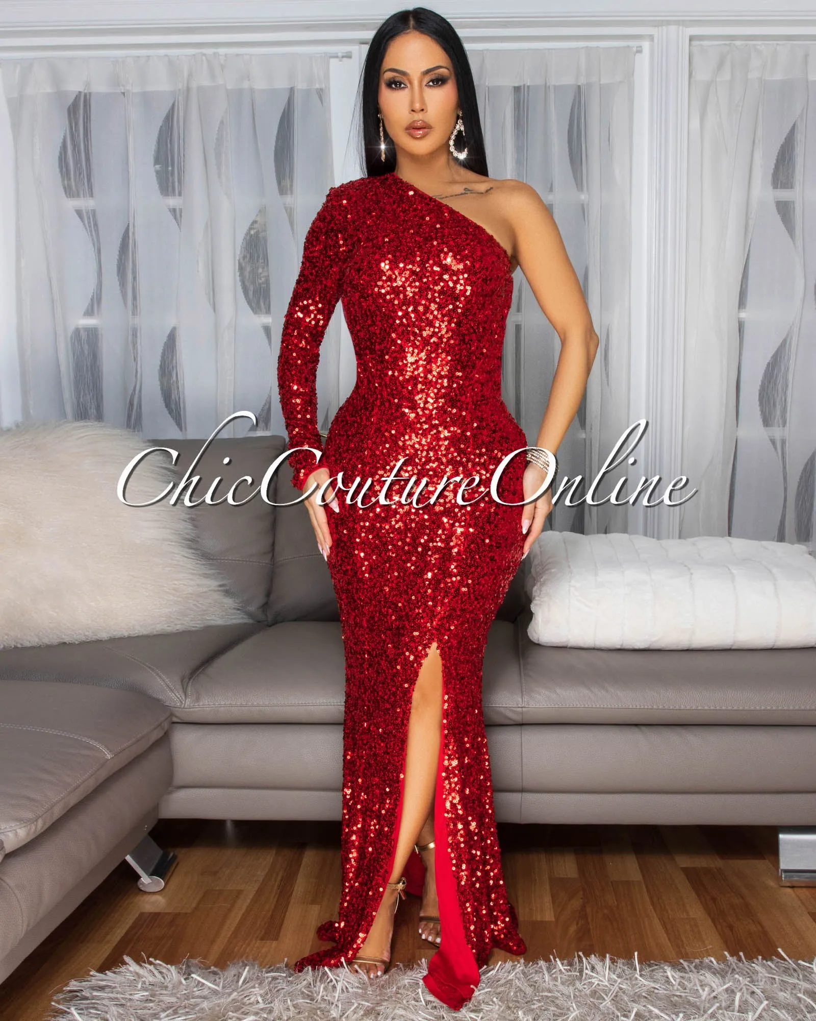 Prima Red Sequins Side Slit Single Shoulder Gown sold by Chic Couture product image thumbnail 2