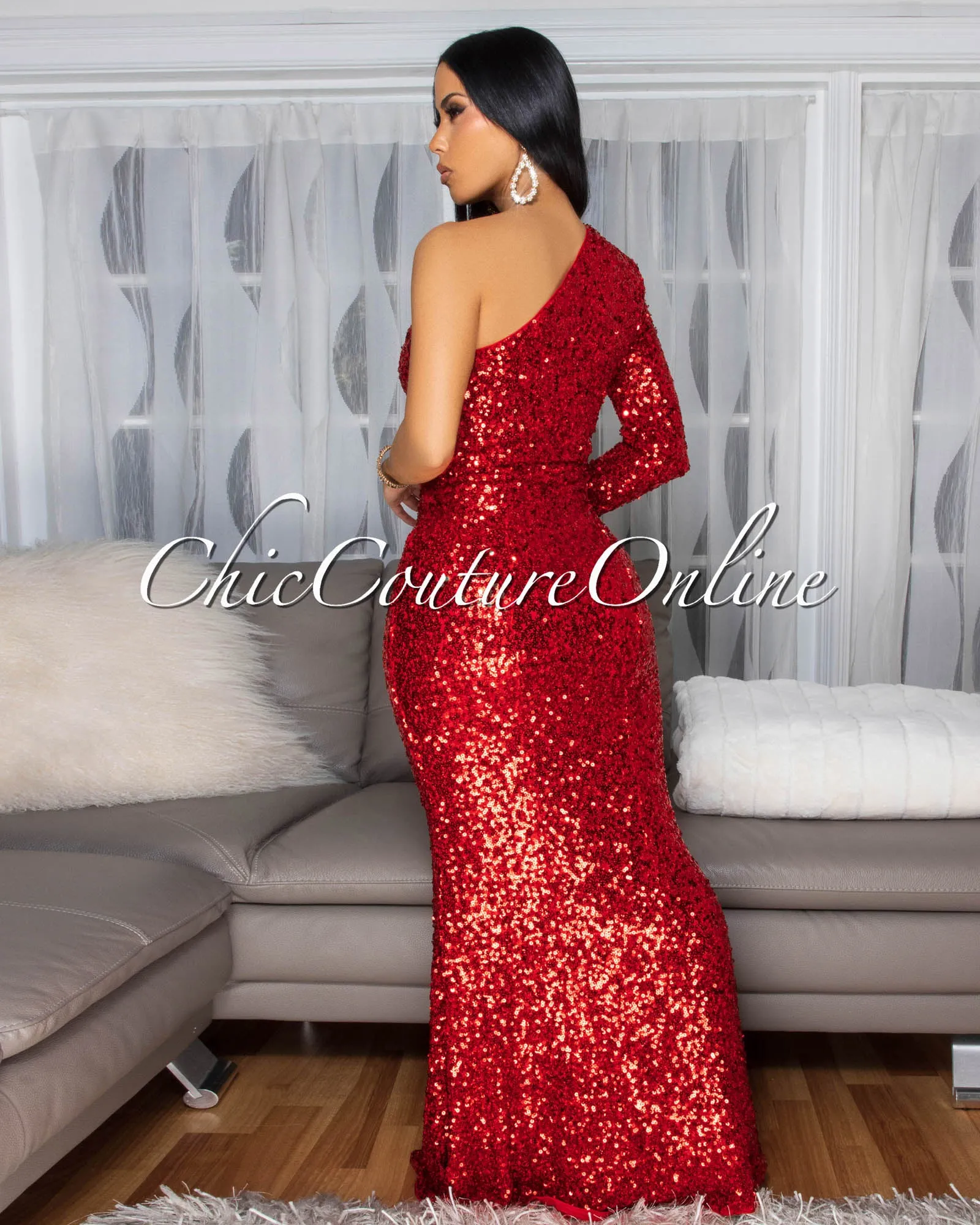 Prima Red Sequins Side Slit Single Shoulder Gown sold by Chic Couture product image thumbnail 4