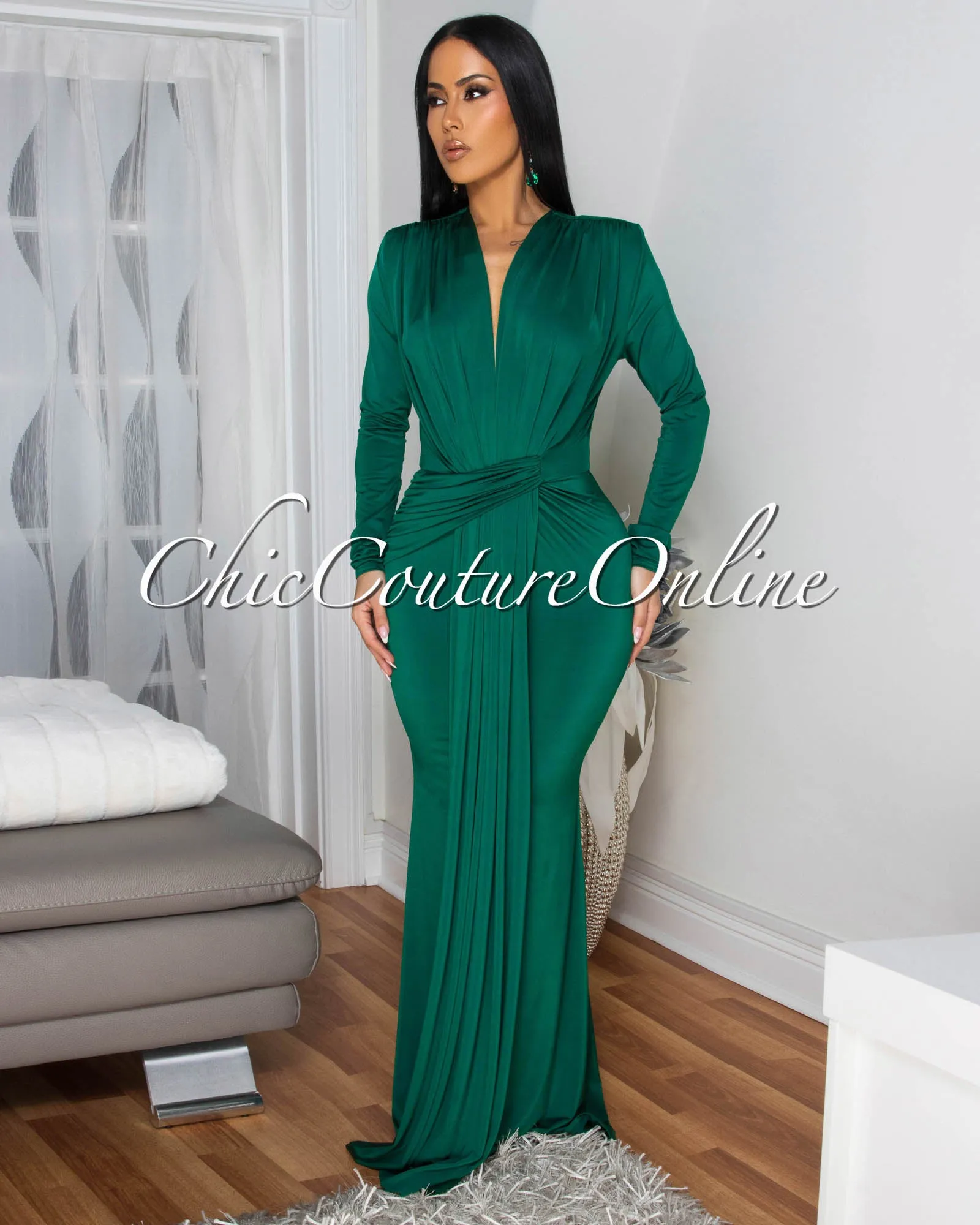 Shelley Hunter Green Long Sleeves Deep V-Neck Maxi Dress sold by Chic Couture