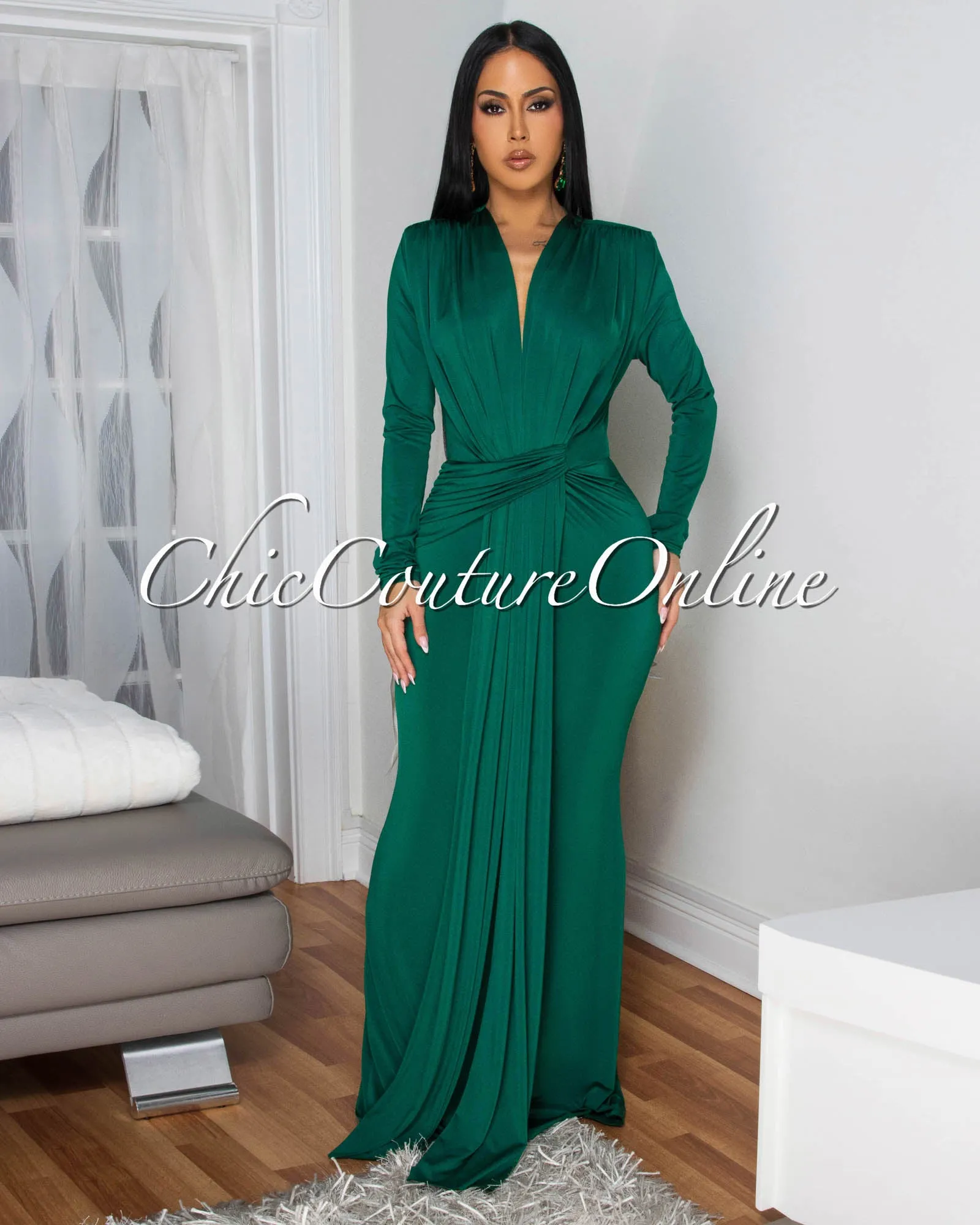 Shelley Hunter Green Long Sleeves Deep V-Neck Maxi Dress sold by Chic Couture product image thumbnail 2