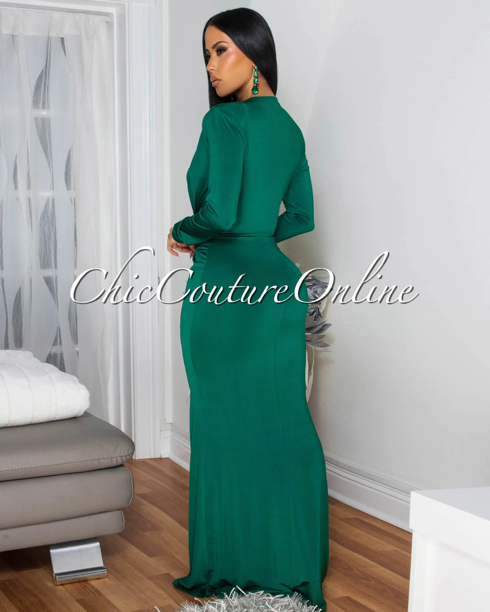 Shelley Hunter Green Long Sleeves Deep V-Neck Maxi Dress sold by Chic Couture product image thumbnail 4