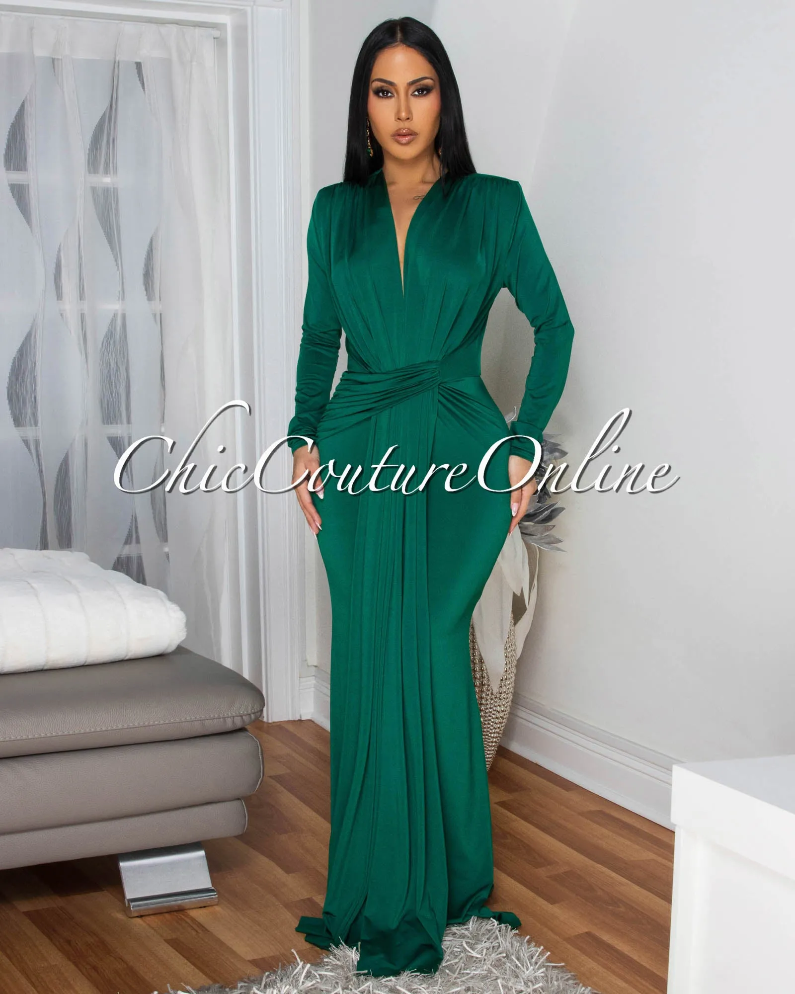 Shelley Hunter Green Long Sleeves Deep V-Neck Maxi Dress sold by Chic Couture product image thumbnail 3