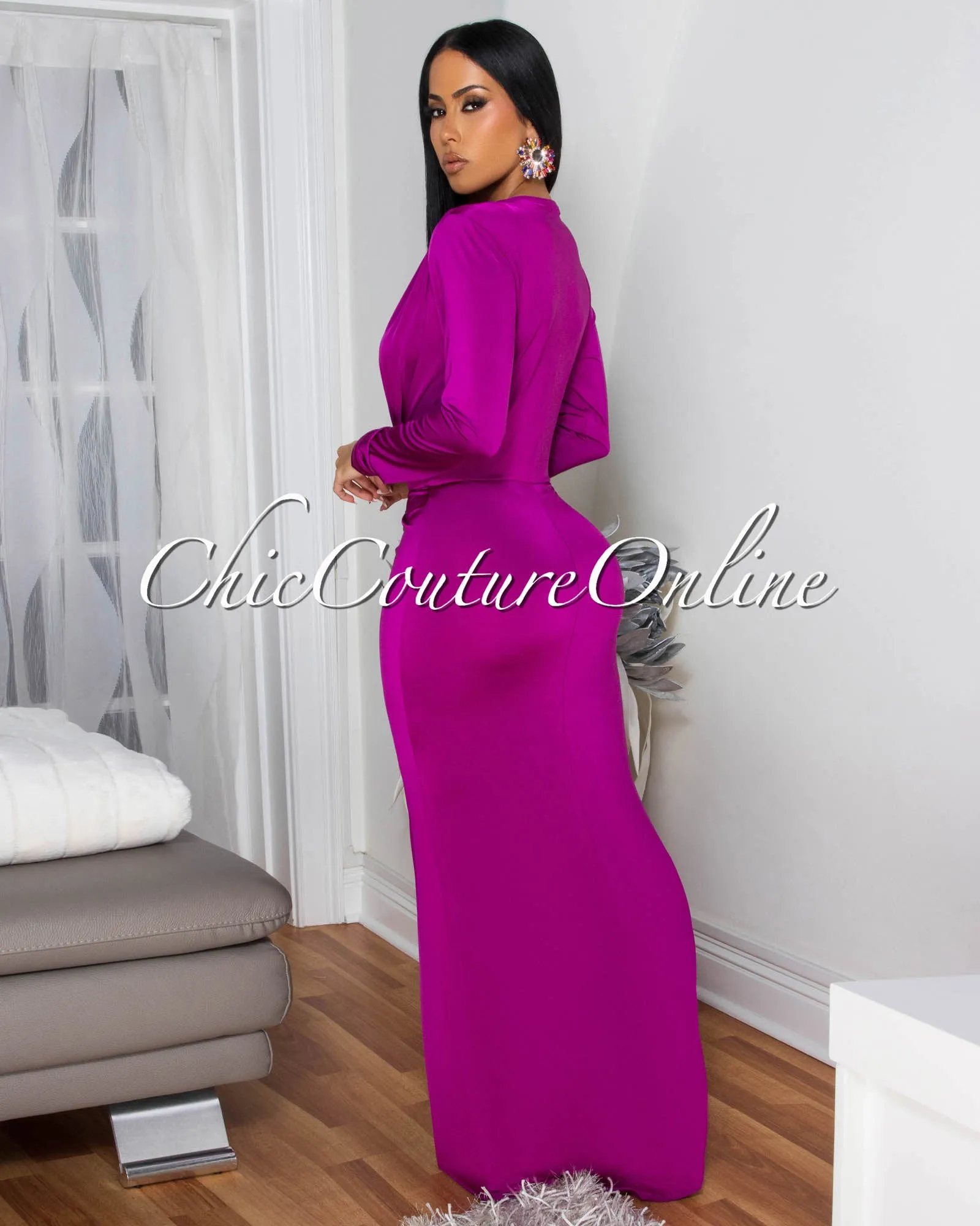 Shelley Magenta Long Sleeves Deep V-Neck Maxi Dress sold by Chic Couture product image thumbnail 4