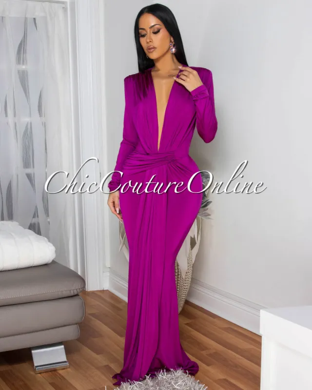 Shelley Magenta Long Sleeves Deep V-Neck Maxi Dress sold by Chic Couture