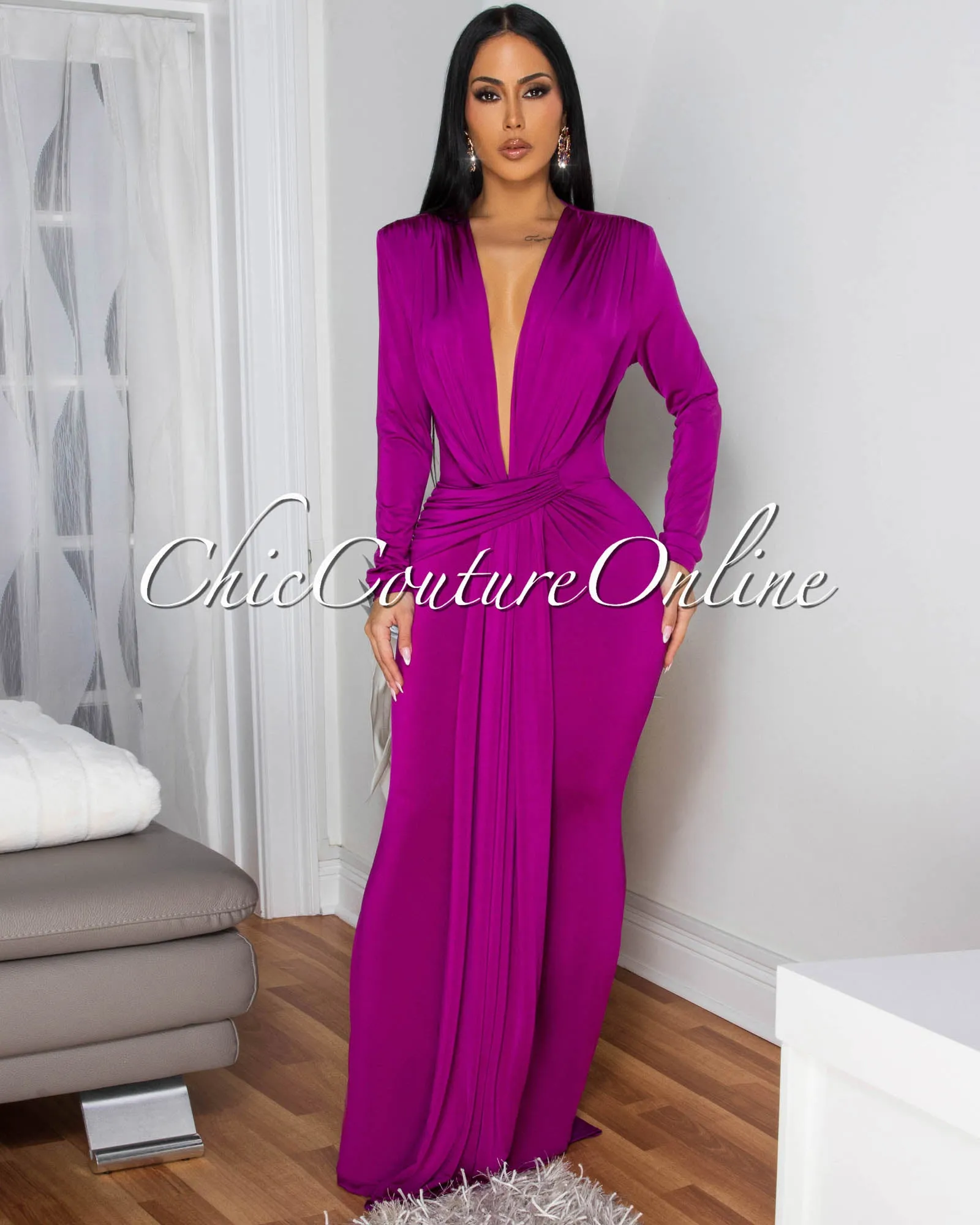 Shelley Magenta Long Sleeves Deep V-Neck Maxi Dress sold by Chic Couture product image thumbnail 3