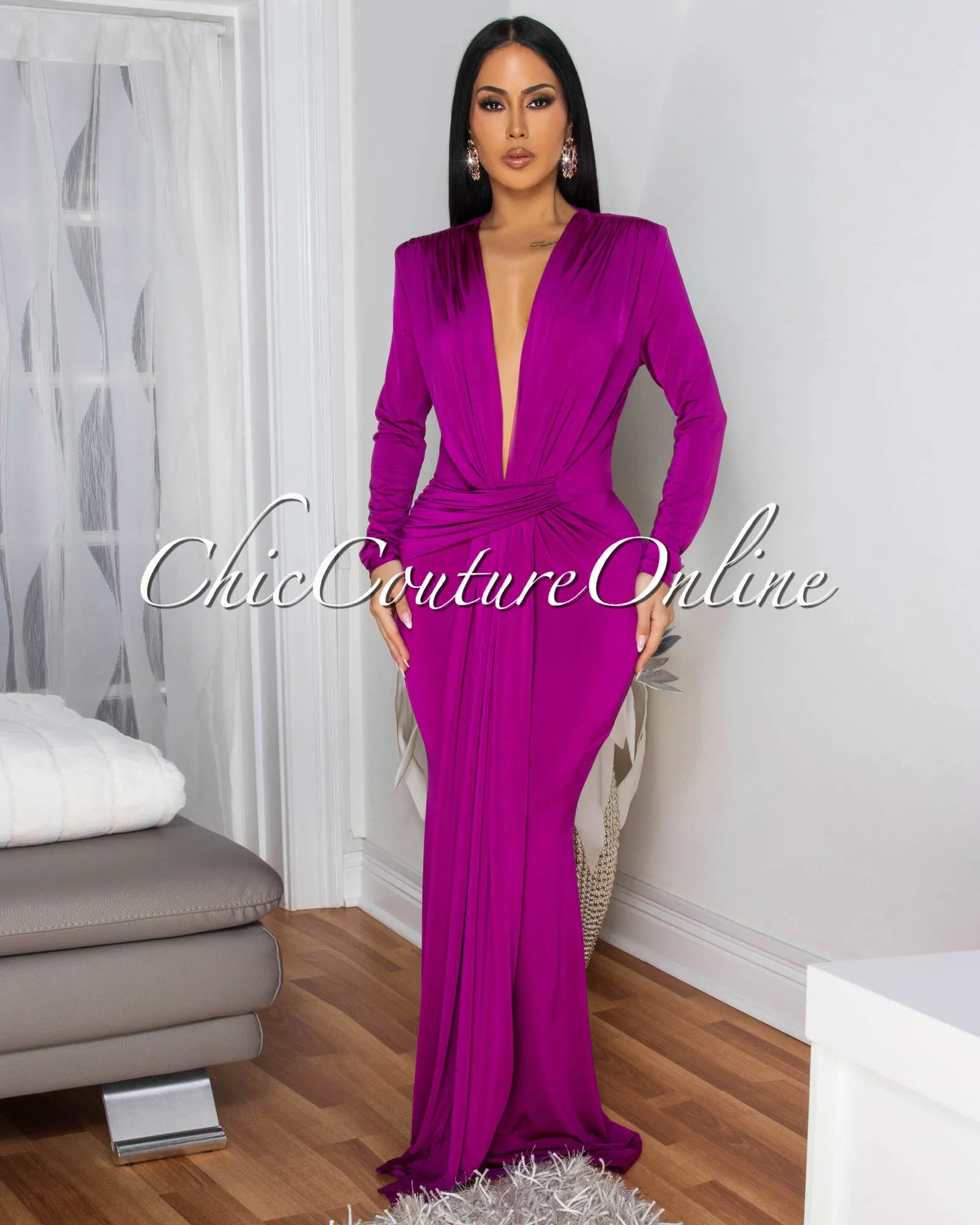 Shelley Magenta Long Sleeves Deep V-Neck Maxi Dress sold by Chic Couture product image thumbnail 2