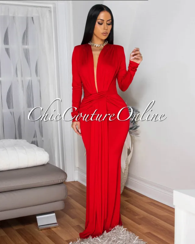 Shelley Red Long Sleeves Deep V-Neck Maxi Dress sold by Chic Couture