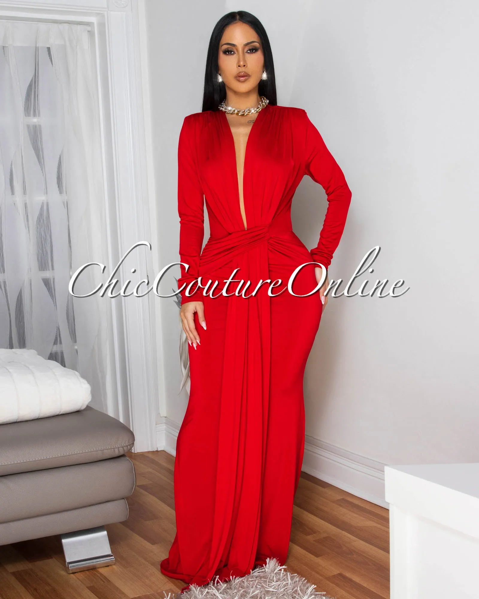 Shelley Red Long Sleeves Deep V-Neck Maxi Dress sold by Chic Couture product image thumbnail 3