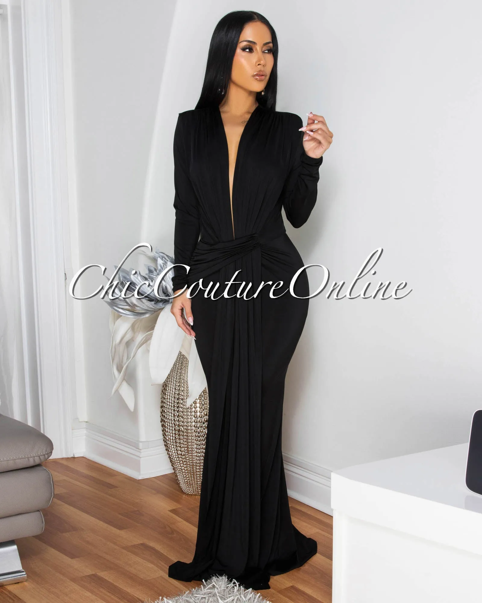 Shelley Black Long Sleeves Deep V-Neck Maxi Dress sold by Chic Couture product image thumbnail 3
