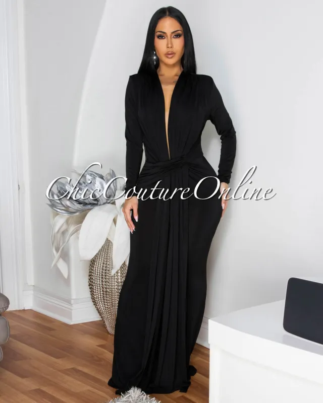 Shelley Black  Long Sleeves Deep V-Neck Maxi Dress sold by Chic Couture