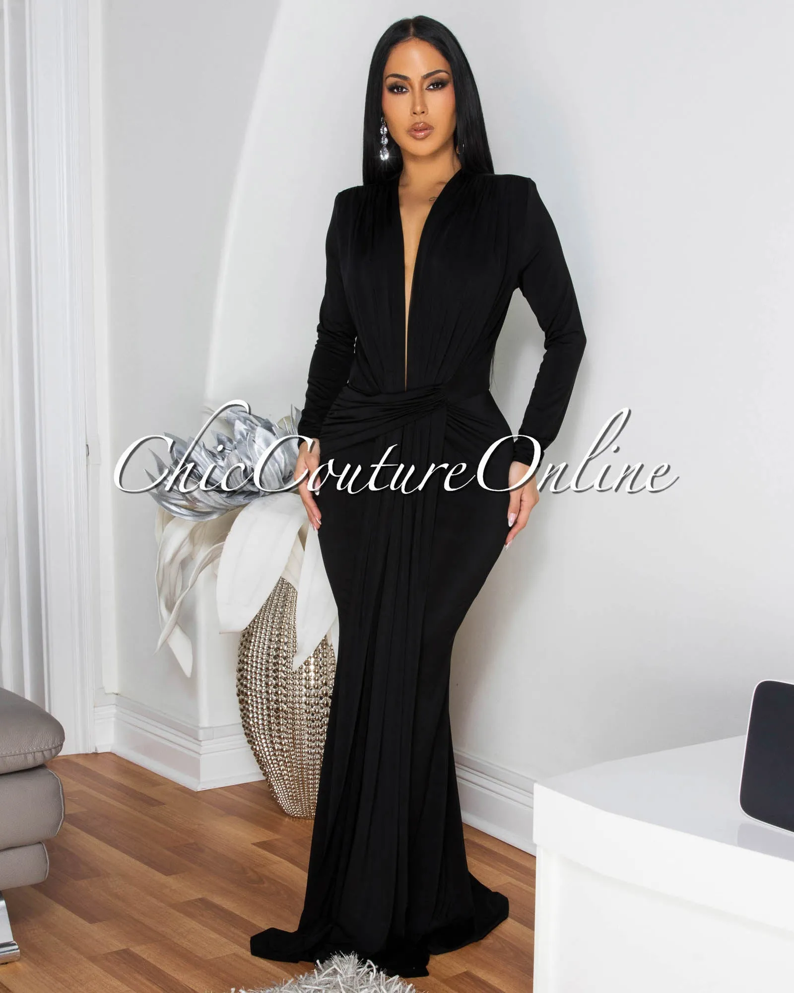 Shelley Black Long Sleeves Deep V-Neck Maxi Dress sold by Chic Couture product image thumbnail 2