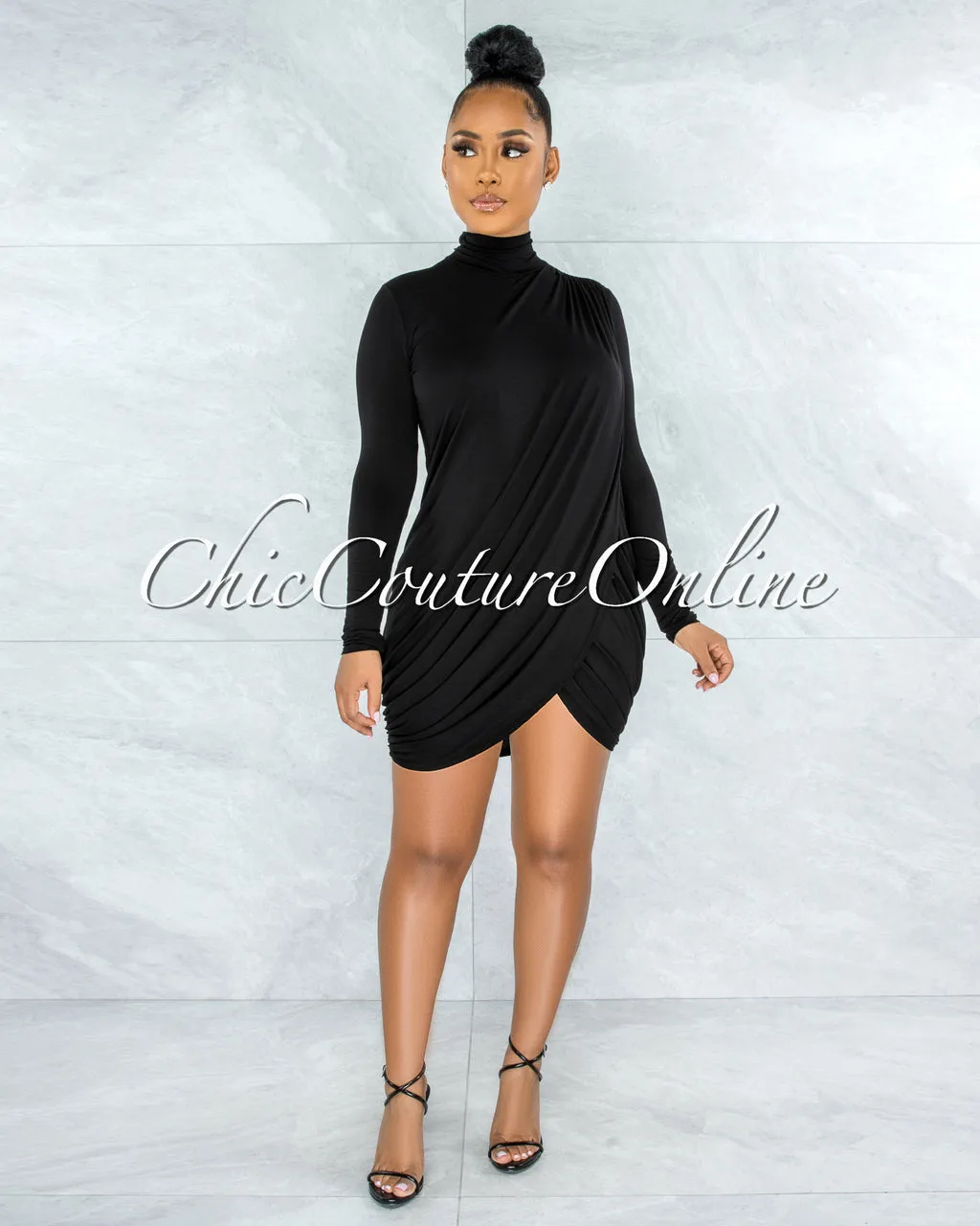 *Tamira Black Drape Long Sleeves Dress sold by Chic Couture product image thumbnail 3