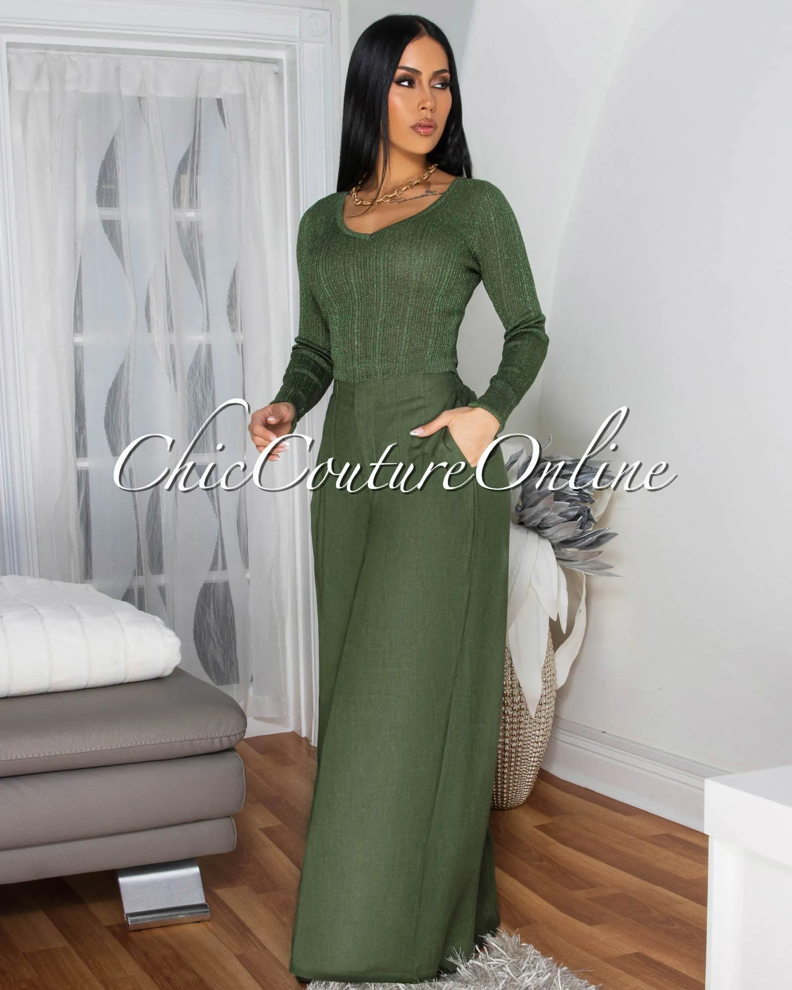 Shika Green Shimmer Top & Linen Pants Set - PRE-ORDER sold by Chic Couture product image thumbnail 3