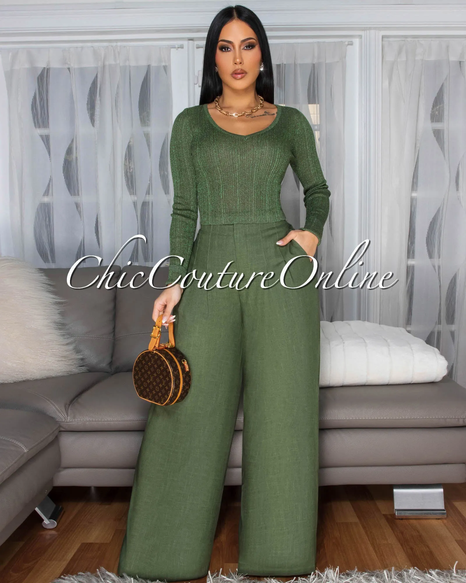 Shika Green Shimmer Top & Linen Pants Set - PRE-ORDER sold by Chic Couture product image thumbnail 5