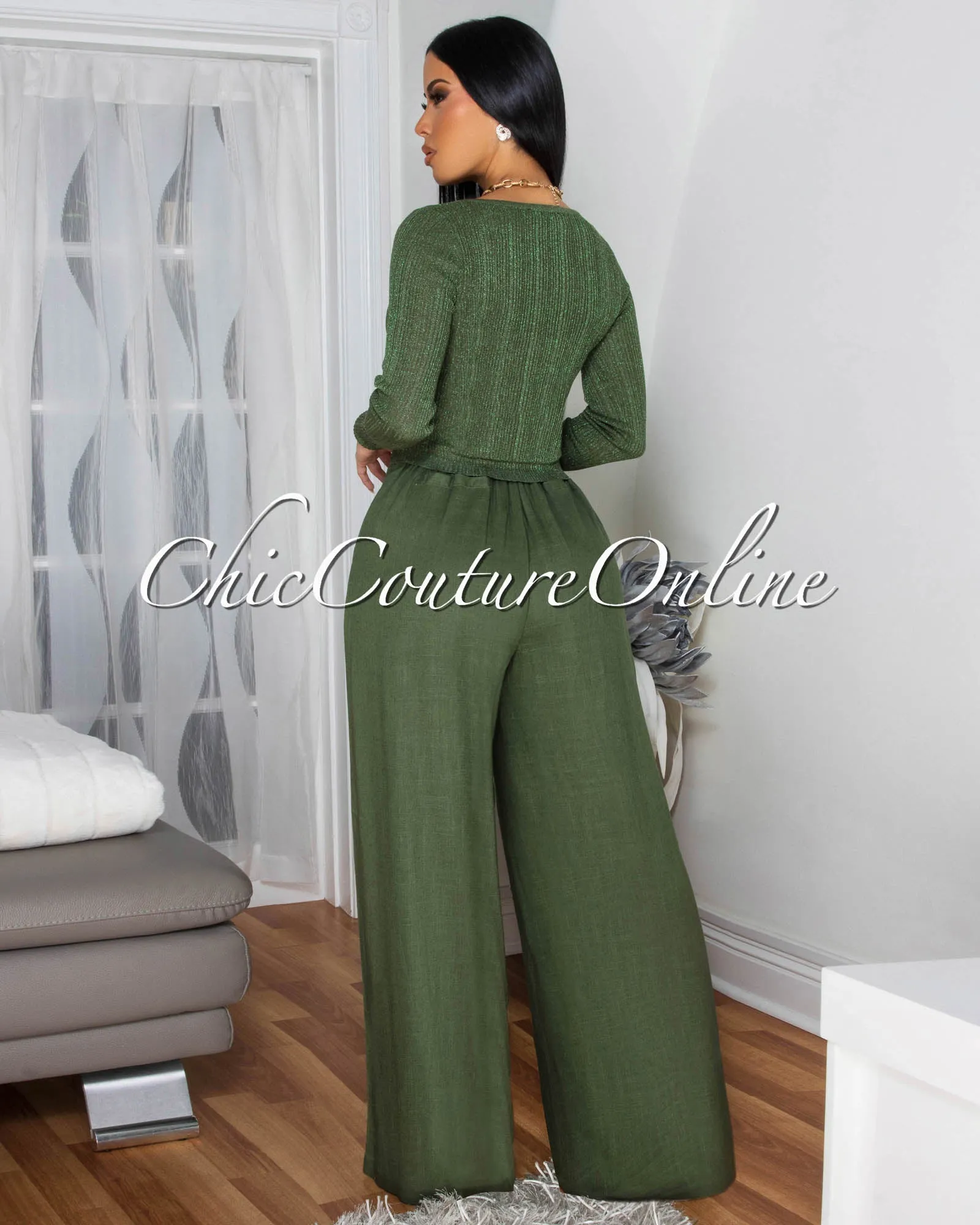 Shika Green Shimmer Top & Linen Pants Set - PRE-ORDER sold by Chic Couture product image thumbnail 4