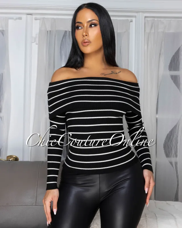 Nalini Black White Stripes Off-The Shoulder Top sold by Chic Couture