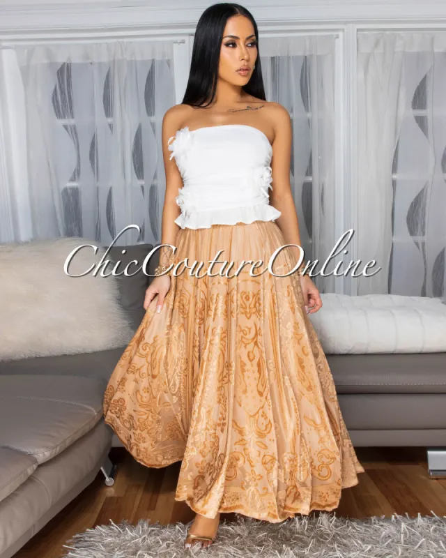 Countess Nude Lace A-Line Midi Skirt sold by Chic Couture