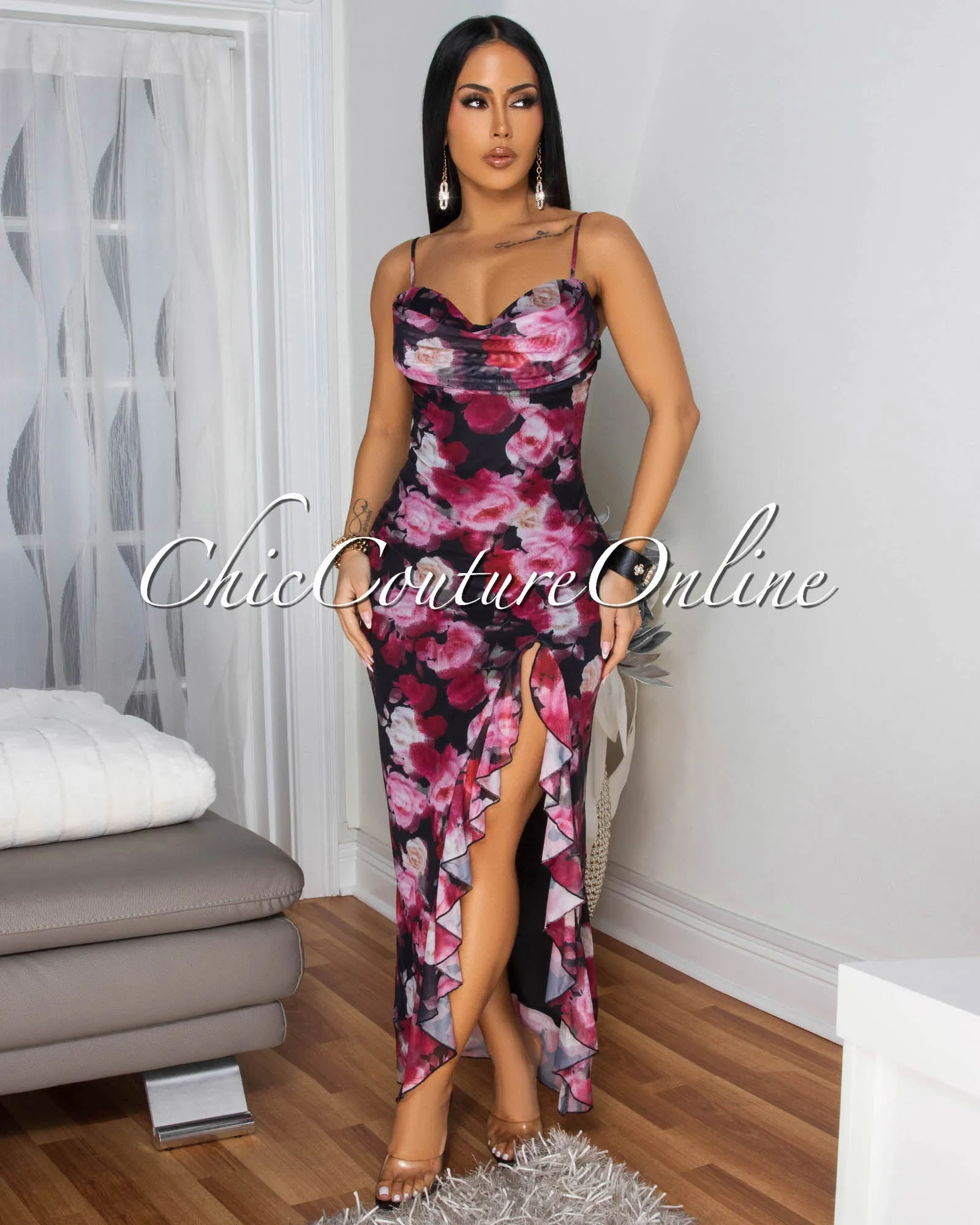 Valeria Multi-Color Floral print Slit Maxi Dress sold by Chic Couture product image thumbnail 2