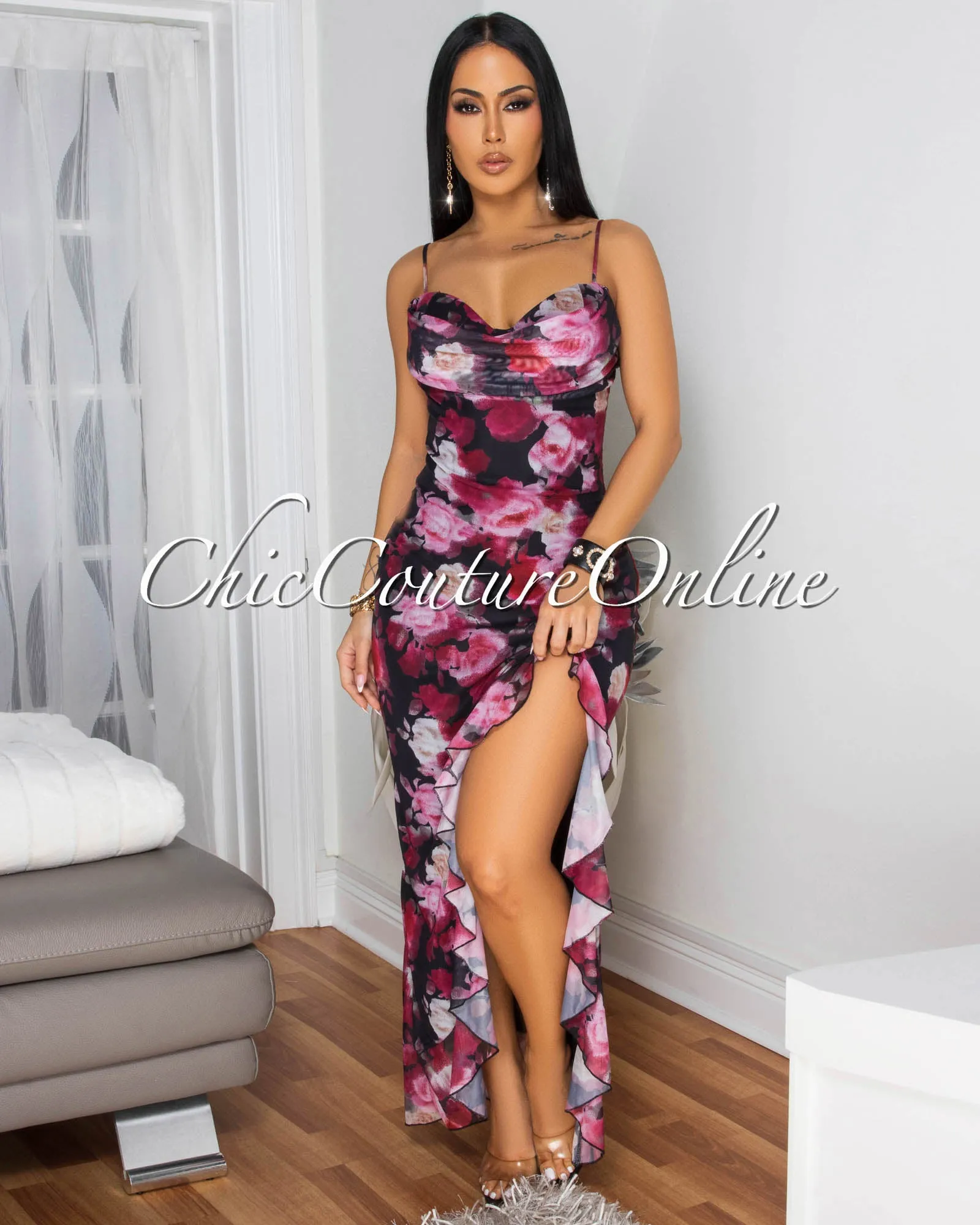 Valeria Multi-Color Floral print Slit Maxi Dress sold by Chic Couture