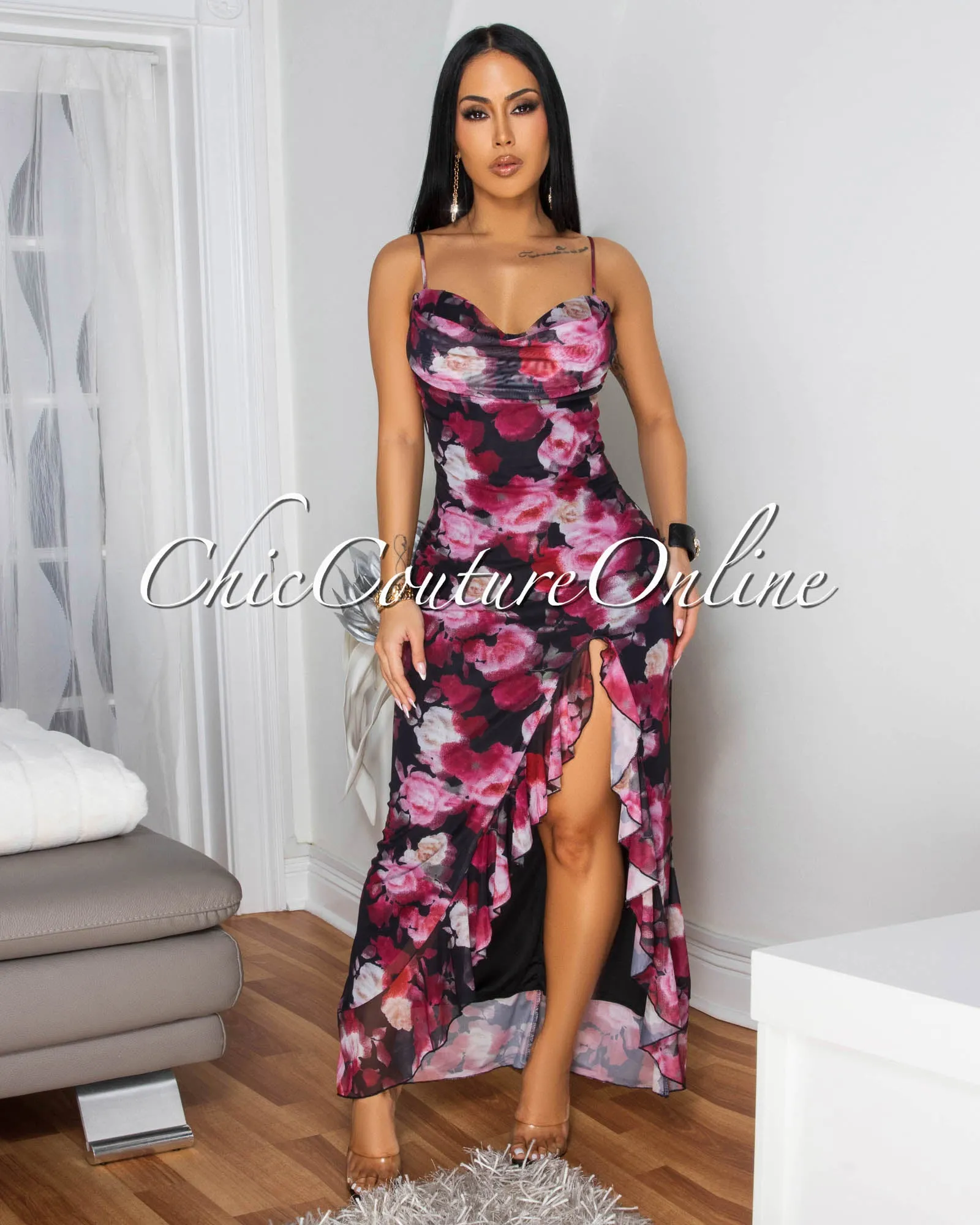 Valeria Multi-Color Floral print Slit Maxi Dress sold by Chic Couture product image thumbnail 3
