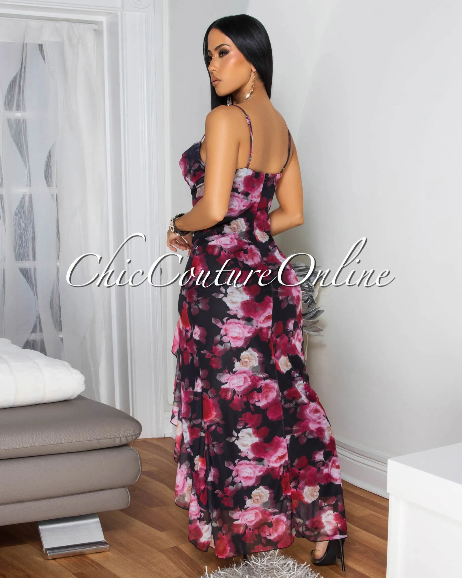 Valeria Multi-Color Floral print Slit Maxi Dress sold by Chic Couture product image thumbnail 4