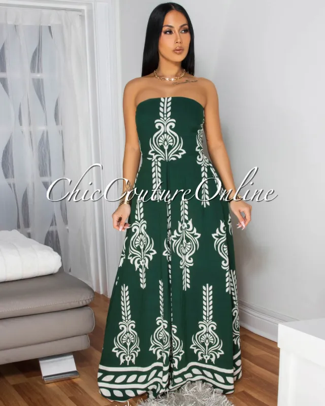 Persephone Hunter Green White Print Strapless Jumpsuit sold by Chic Couture