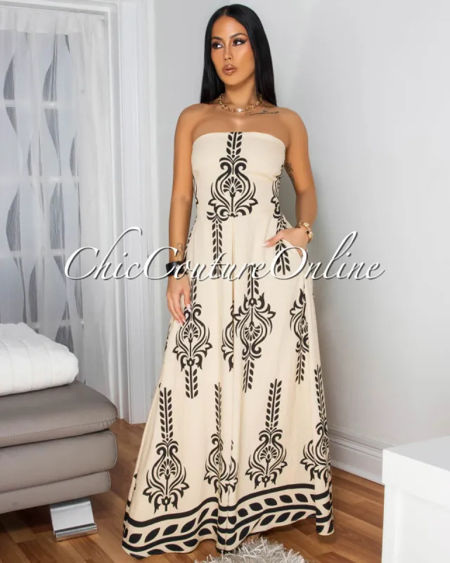 Persephone Cream Black Print Strapless Jumpsuit sold by Chic Couture