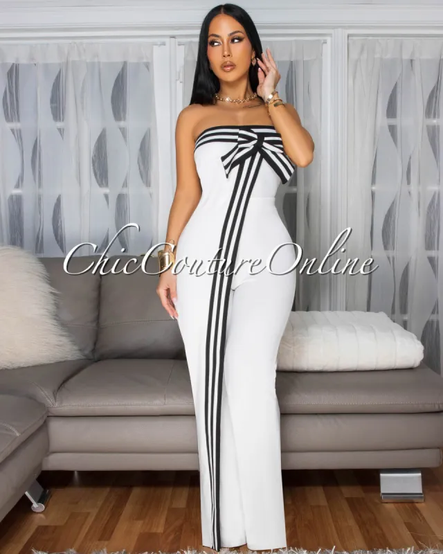 Bendie Off-White Bow Accent Strapless Jumpsuit (SHIPS 3/10) sold by Chic Couture