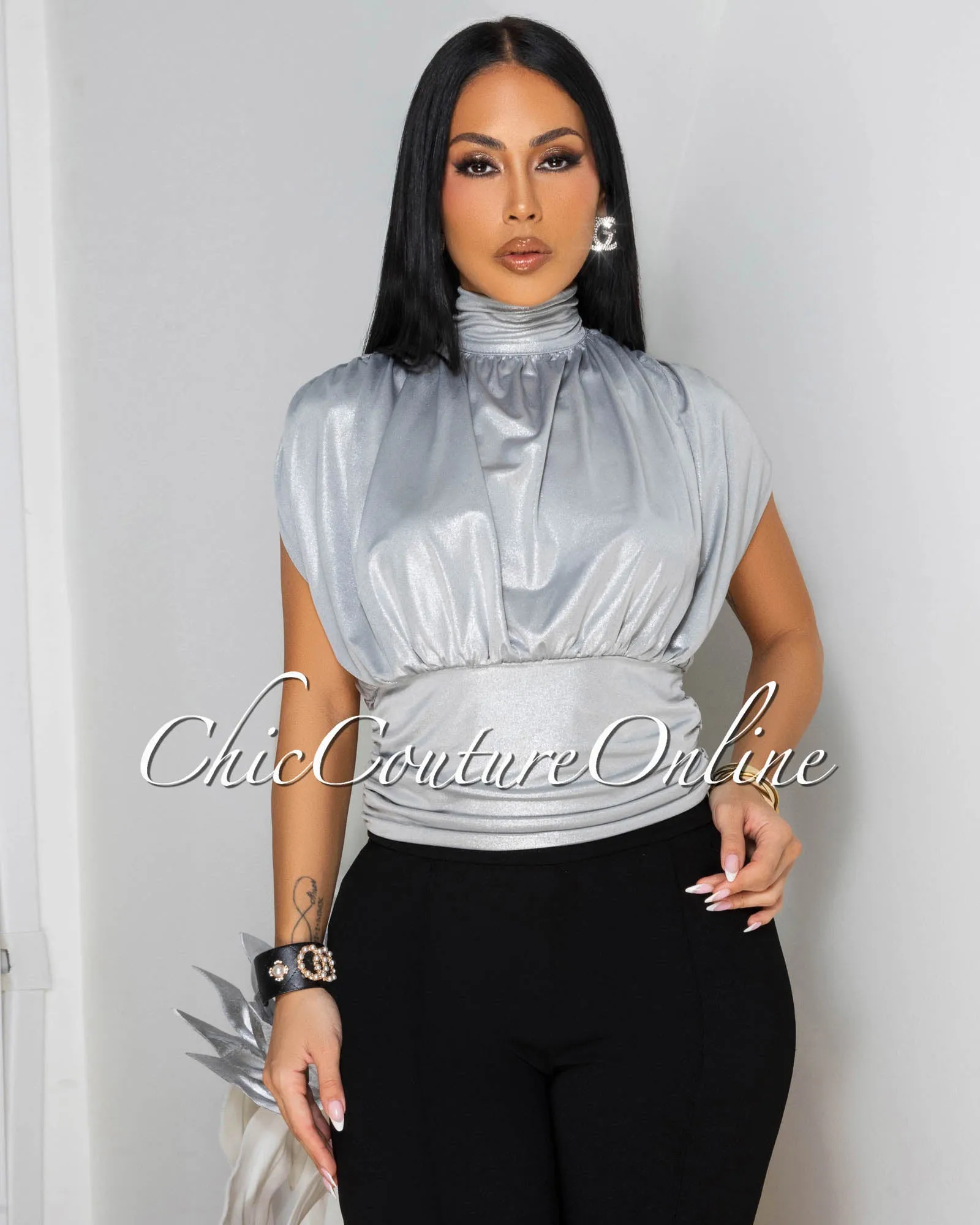Sammie Silver Shimmer Ruched Top sold by Chic Couture product image thumbnail 4
